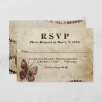 Antique Look Lace,  Beads, Butterfly RSVP Menu Invitation