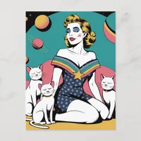 Woman in Space with Three White Cats Postcard