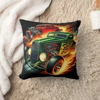 Classic hot rods racing through a fiery backdrop throw pillow