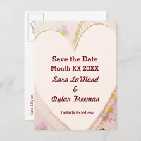 Pink Flowers, Heart, Rings, Save the Date Postcard