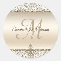Elegant Monogram Wedding Champagne Fleur de Lis Classic Round Sticker