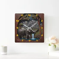 Elephant Drinks Water in Mountain Scene Square Wall Clock