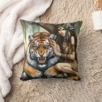 Native American Woman Cares for Tiger by Water Throw Pillow