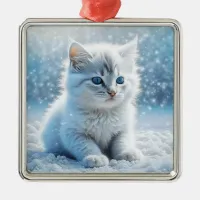 Little White Kitten in Snow Christmas Metal Ornament