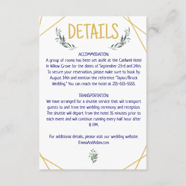 Simple Eucalyptus Greenery Navy Blue and Gold Enclosure Card