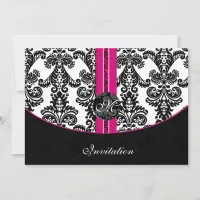 Black and Pink Damask Wedding Invitation