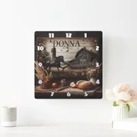 Black Horse Near Farmhouse and Rustic Decor Square Wall Clock