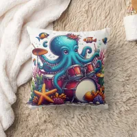 Colorful Octopus Drumming Among Coral Reef Throw Pillow