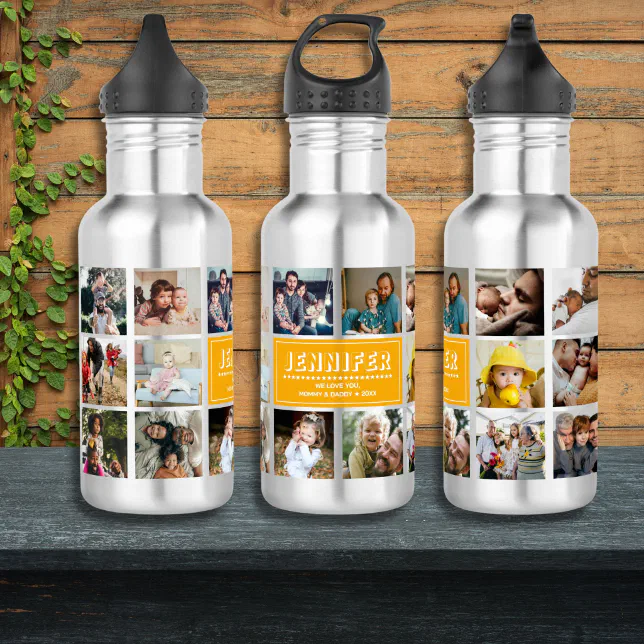 Personalize Kid Child Name Instagram Photo Collage Stainless Steel Water Bottle