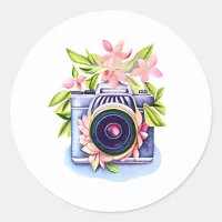 Vintage Camera, Pink Flowers, Green Foliage  Classic Round Sticker