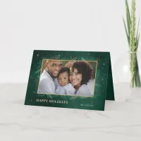 Green Gold Botanical Sparkle Photo  Holiday Card