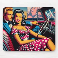 Retro Couple in Car at Drive In Movie Mouse Pad