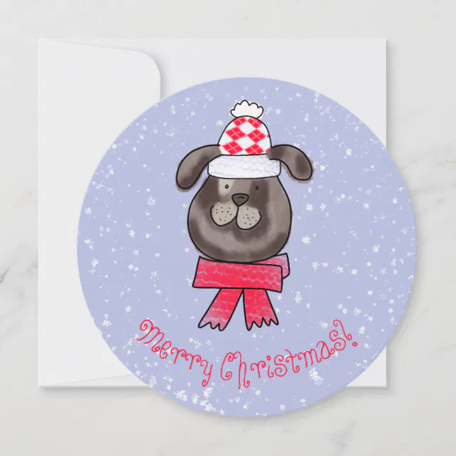 Little Christmas dog wearing knitted cap and scarf Invitation