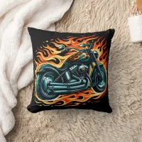 Fiery motorcycle roaring through the night sky throw pillow