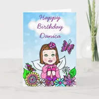 Whimsical Folk Art Fairy Girl Happy Birthday Card