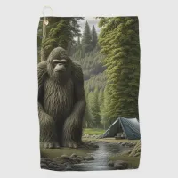 Huge Bigfoot sitting next to Tent in the Woods Golf Towel