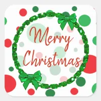 Merry Christmas White, Red Green Polka Dots Square Sticker