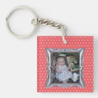 Custom Baby Photo in Fancy Silver Frame Pink Dots Keychain