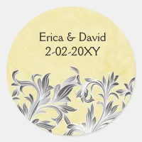 Yellow and Gray Vintage Flourish Wedding Classic Round Sticker