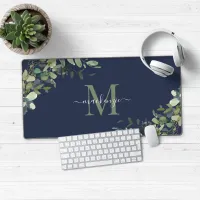 Elegant Navy Blue Eucalyptus Botanical Monogram Desk Mat