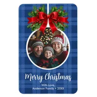 Christmas Ball Ornament Photo Blue Buffalo Plaid Magnet