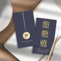 Modern Luxe Navy Blue & Gold Monogram Social Media Business Card