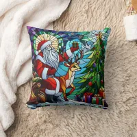 Santa celebrates by the colorful Christmas tree Throw Pillow