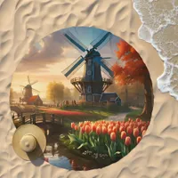 Windmill in Dutch Countryside by River with Tulips Beach Towel