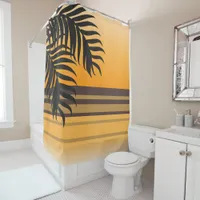 Tropical Palm Tree over Orange Sunset Stripes Shower Curtain