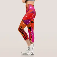 Funky Liquid Art Swirls Orange Pink Black White  Capri Leggings