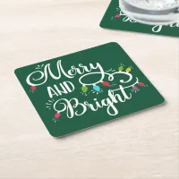 merry and bright holiday lights square paper coaster