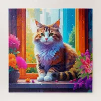 Cute Cat Sitting in City Window Ai Art Jigsaw Puzzle