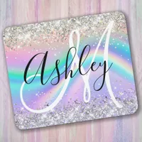 Pastel Rainbow Wave Ombre Silver Glitter Monogram Mouse Pad