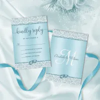 Elegant Blue Glitter Monogram Wedding RSVP Card