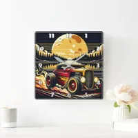 Classic hot rod racing under a vibrant sunset glow square wall clock