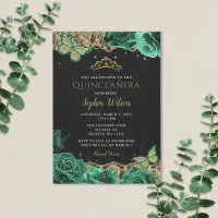 Vintage Emerald Green Roses Gold Lace Quincea&#241;era  Invitation