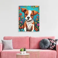 Cute Puppy with Whimsical Folk Art Flowers Canvas Print
