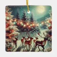 Vintage Reindeers and Christmas Lights Personalize Ceramic Ornament