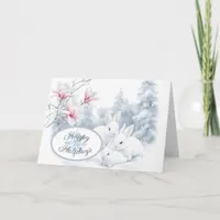 Cute White Rabbits in Snow Winter Holiday Card