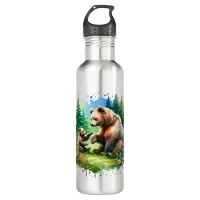 Cute Watercolor Bear and Cub Stainless Steel Water Bottle