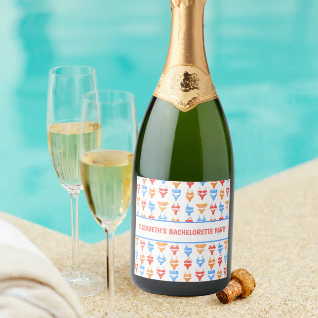 Fun Swimsuit Pool Party Personalized Bachelorette Sparkling Wine Label
