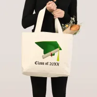 Class of 20XX Graduation Green Cap & Diploma Large Tote Bag
