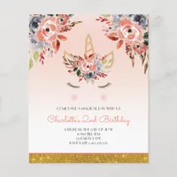 BUDGET, Unicorn Watercolor Florals Girl Invitation