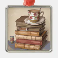 Old Vintage Books and a Cup of Coffee Metal Ornament