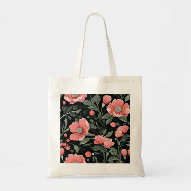 Floral Pattern Green Oak Leaves and Pink Flowers  Tote Bag