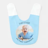 My First Christmas Baby Photo Custom Name Blue Baby Bib