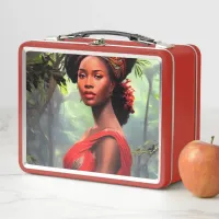 Safari Queen: Majestic African Woman Red Feathers Metal Lunch Box