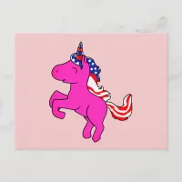 Unicorn Yarrow Pink Patriotic USA Flag Mane Art Postcard
