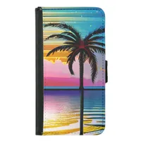 Sunset and Palm Trees Silhouettes Ocean Waves Samsung Galaxy S5 Wallet Case