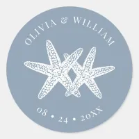 Dusty Blue Starfish Beach Coastal Wedding  Classic Round Sticker